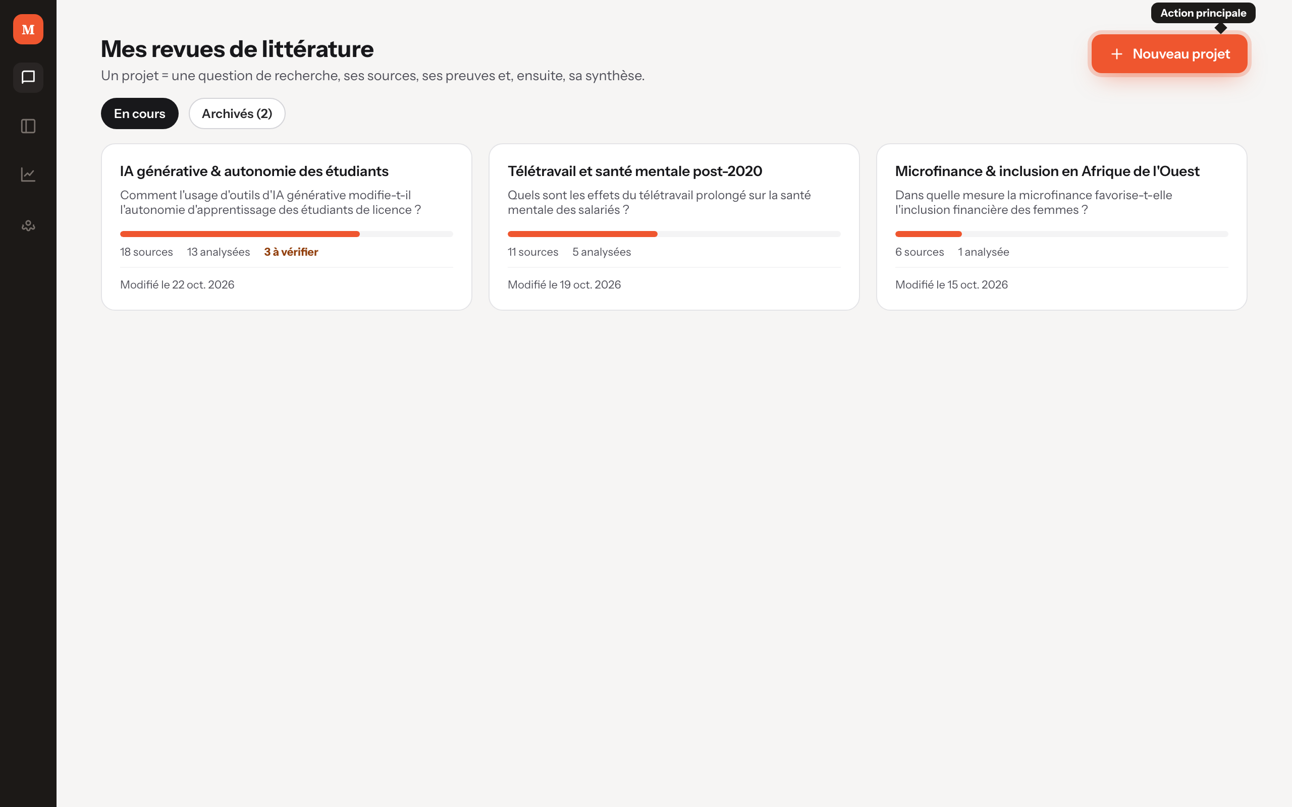 Liste des revues de littérature, bouton Nouveau projet mis en avant