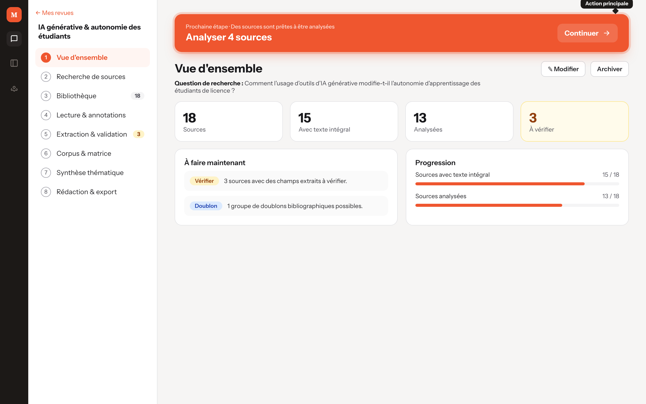 Vue d'ensemble avec la bannière Continuer mise en avant