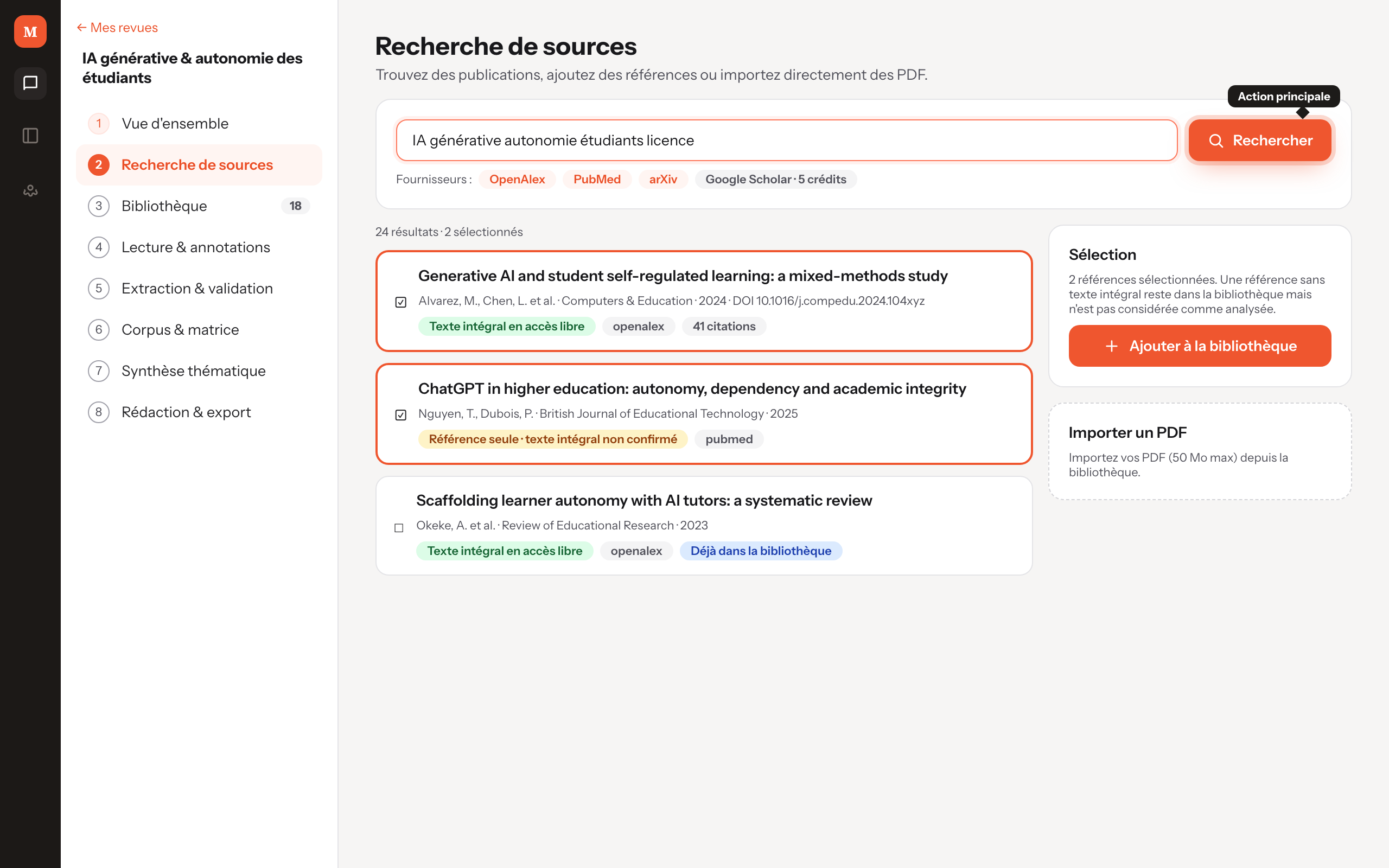 Écran de recherche de sources, bouton Rechercher mis en avant