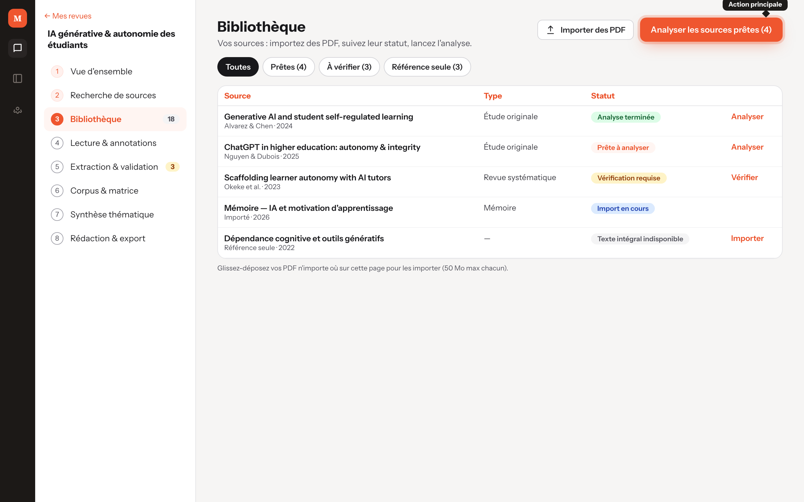 Bibliothèque des sources, bouton Analyser les sources prêtes mis en avant