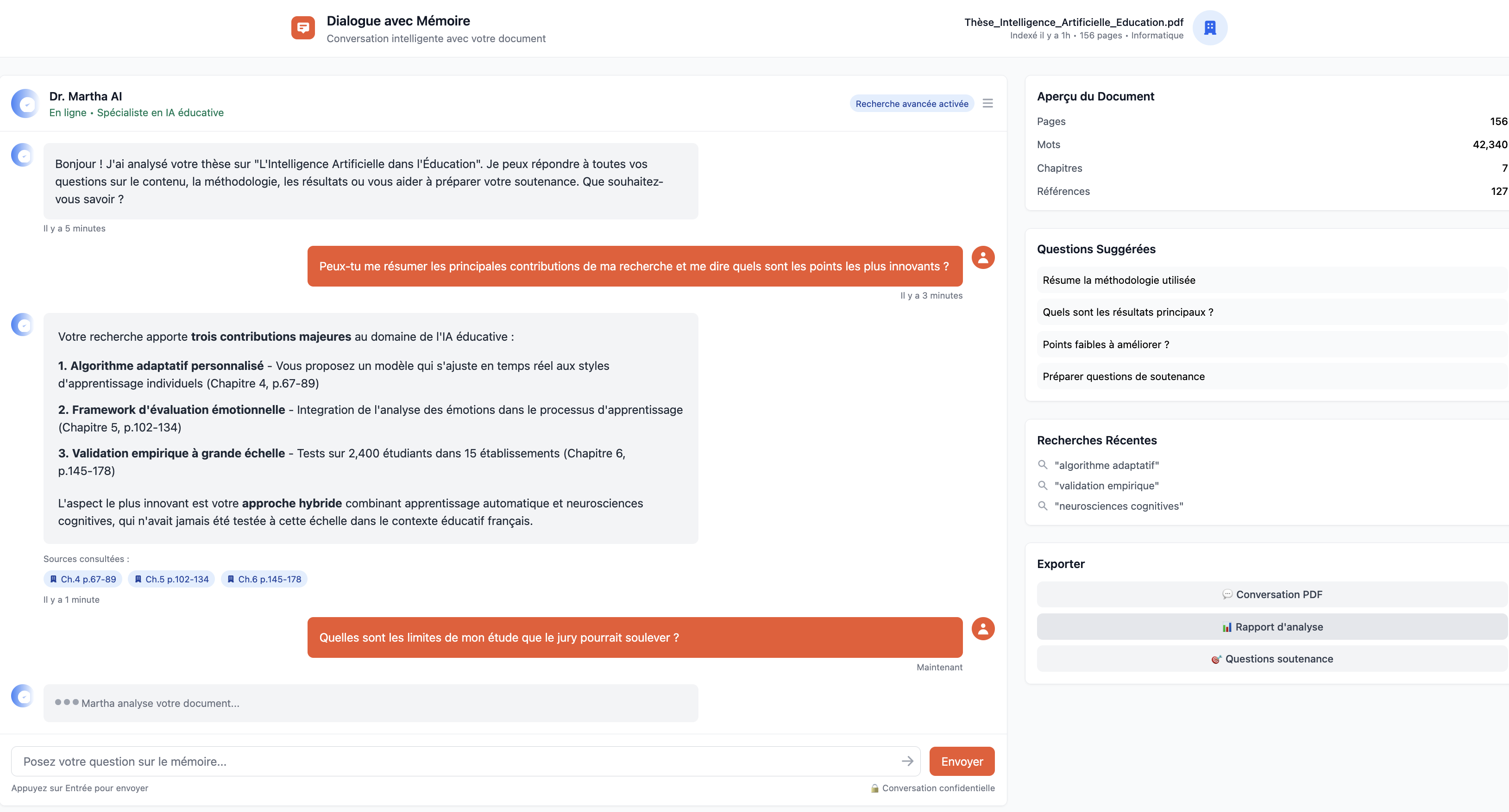 Capture d'écran de l'interface de dialogue avec un mémoire Martha AI