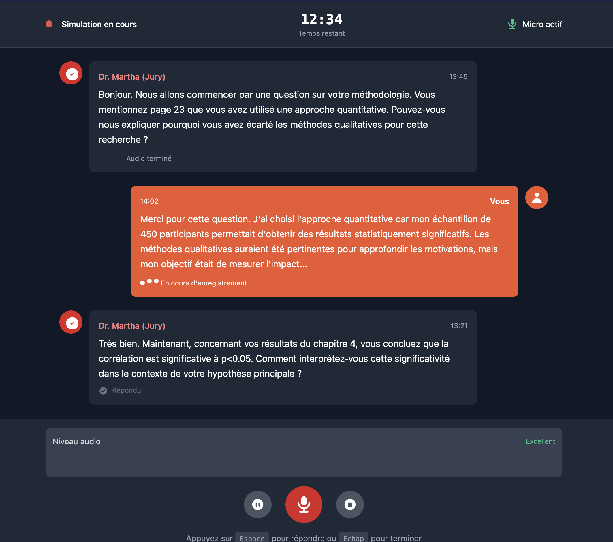 Interface de simulation vocale Martha AI - Conversation en temps réel avec le jury virtuel