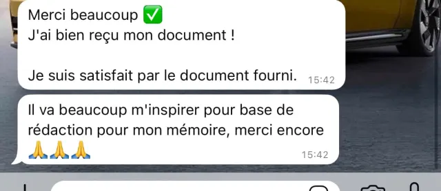 Message d'un étudiant : « J'ai bien reçu mon document, il va beaucoup m'inspirer pour base de rédaction pour mon mémoire »