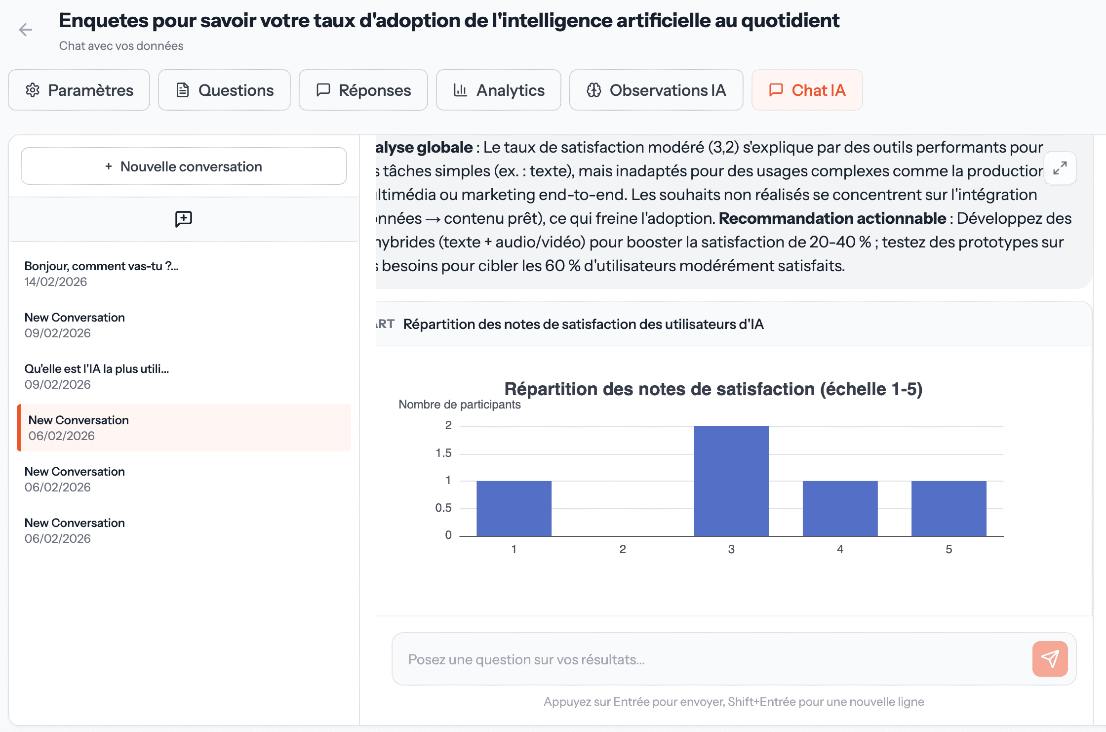 Interface de la plateforme d'enquêtes Martha AI avec chat IA